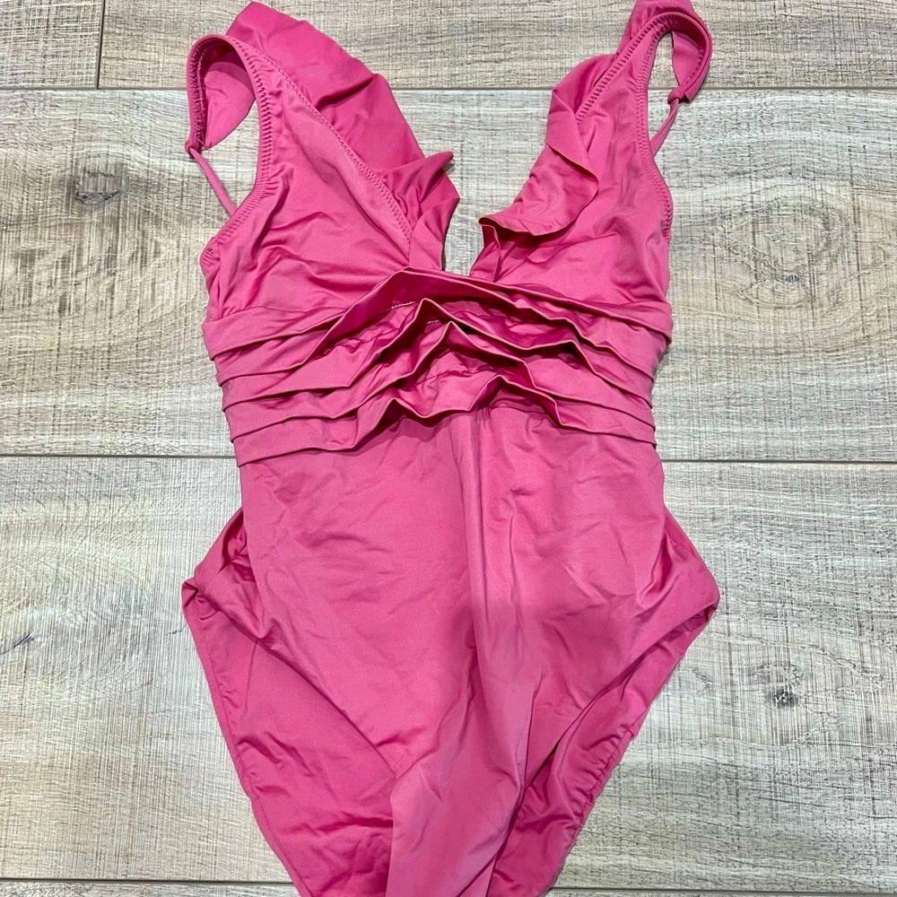 Soluna nordstrom womens pink mauve boho ruffle one piece swimsuit bathing suit S